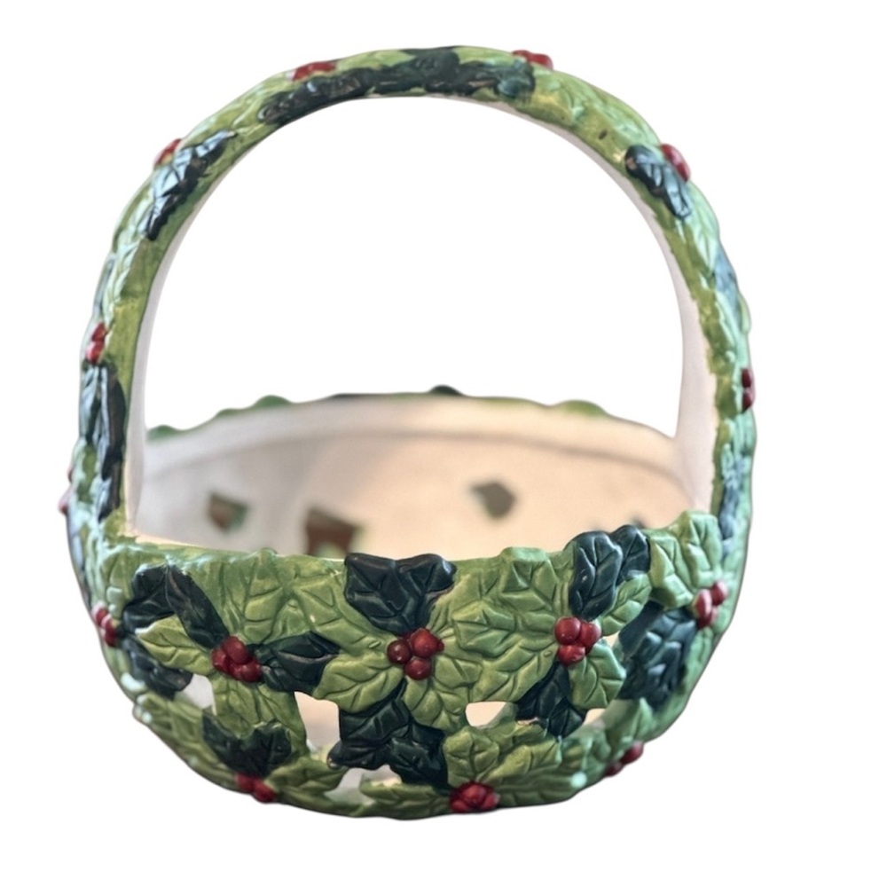 Vintage 70s/80s Christmas Porcelain Holly Basket